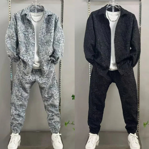2025 New Men's casual fashion two-piece pants set, sporty lapel jacquard shirt, long-sleeved spring and autumn set