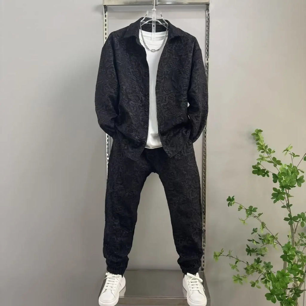 2025 New Men's casual fashion two-piece pants set, sporty lapel jacquard shirt, long-sleeved spring and autumn set