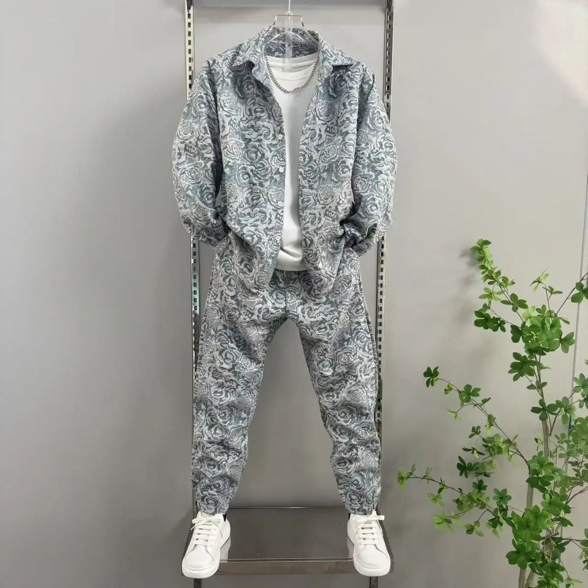 2025 New Men's casual fashion two-piece pants set, sporty lapel jacquard shirt, long-sleeved spring and autumn set