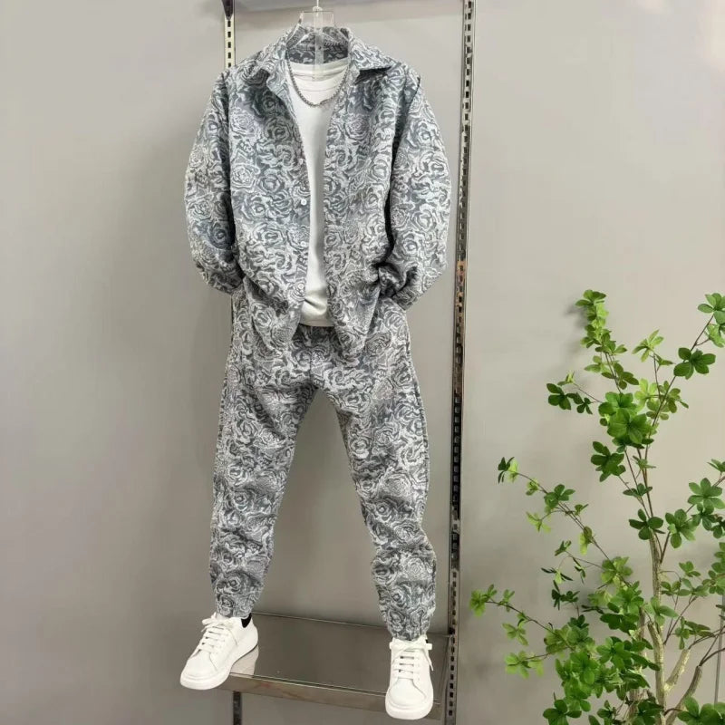 2025 New Men's casual fashion two-piece pants set, sporty lapel jacquard shirt, long-sleeved spring and autumn set